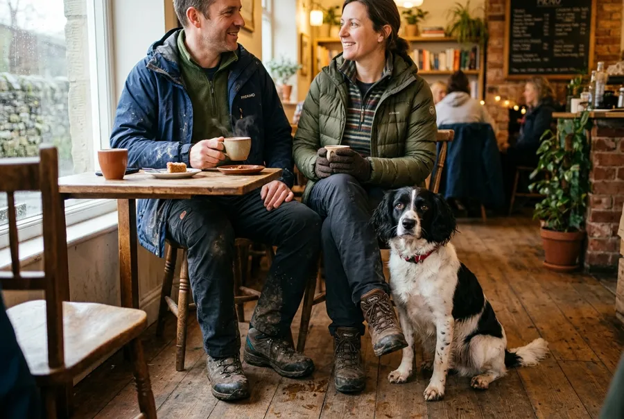Two walkers in muddy boots having coffee in a café, with their spaniel sitting by the table